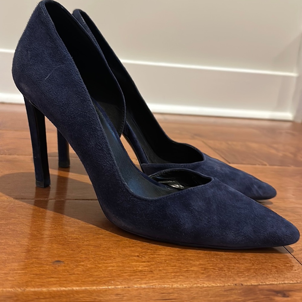 Navy suede d’orsay 4.25” stiletto pumps — a workhorse work shoe!